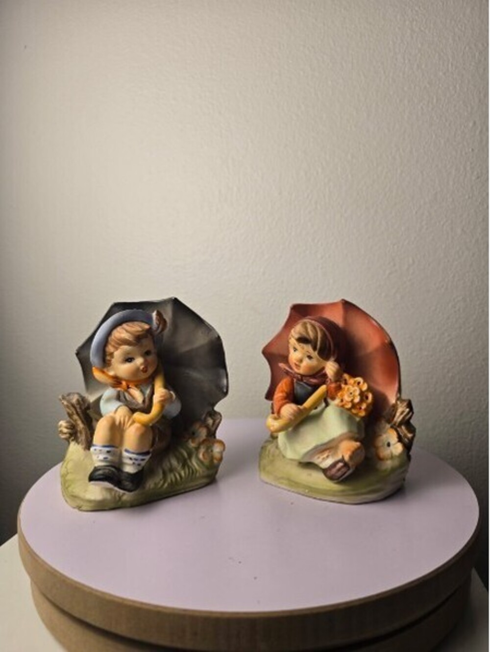 Vintage Hummel Style Porcelain Figurines Set - Boy & Girl with Umbrellas - Japan